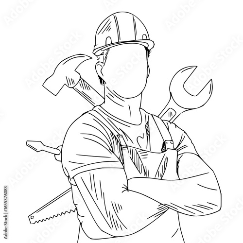 Illustration of a construction worker with hard hat and crossed arms holding various tools on his shoulders