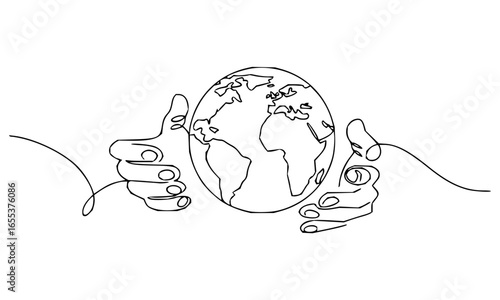 Continuous line drawing of hands holding a globe representing earth and global connection concept art