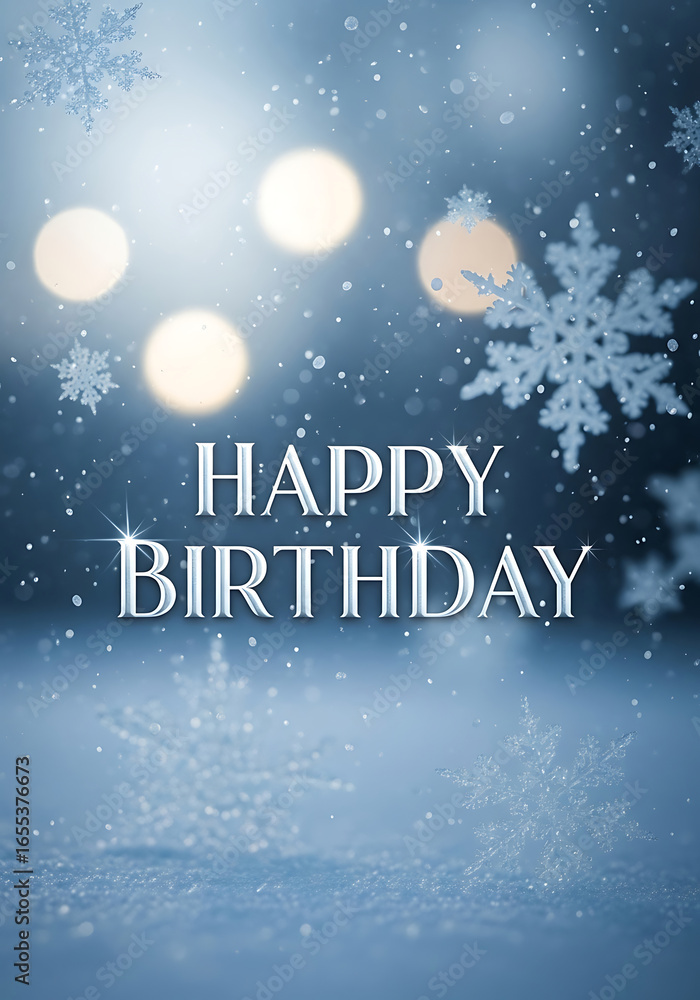 Naklejka premium Happy birthday greeting with snowflakes and bokeh lights in a magical winter scene