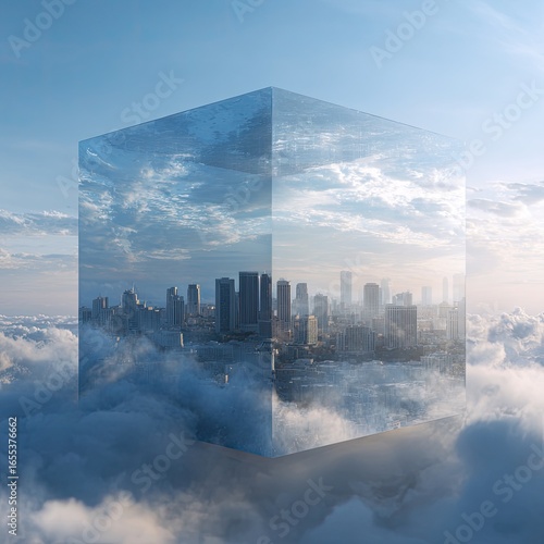 A transparent cube, seemingly floating above clouds, contains a miniature cityscape reflecting a hazy, sunset sky