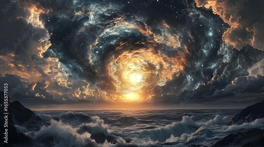 Fototapeta premium Celestial vortex over ocean with dramatic clouds and light creating a surreal landscape view scene