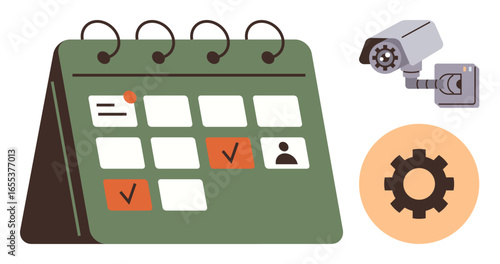 Desk calendar with marked dates, security camera, and gear icon representing planning, surveillance, and system settings. Ideal for organization, security, productivity, workflow planning
