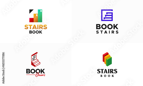 Set of Book Stairs Logo Symbol Design Template vector illustration, Book Step Logo designs, Education logo designs