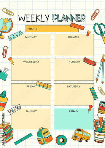 Colorful hand drawn weekly planner with school supplies theme