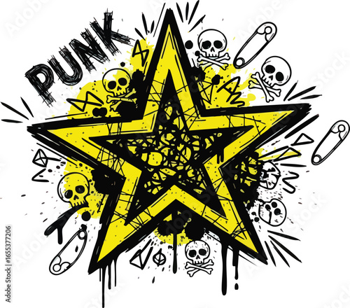 Bold yellow star graphic with punk rock elements, skulls, safety pins, and graffiti-style text.