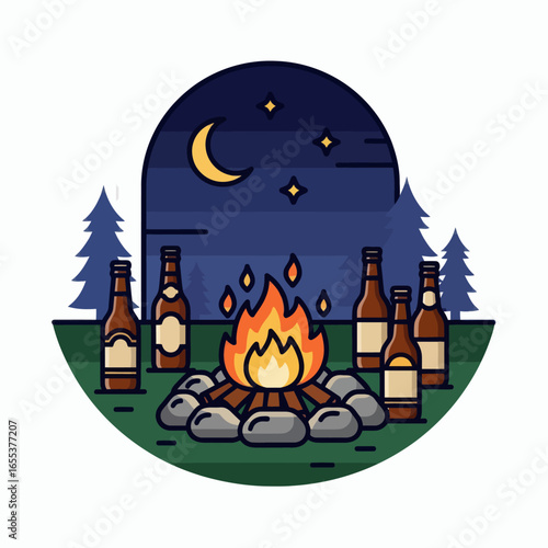 Cartoon night scene with a glowing campfire multiple beer bottles and pine trees under a crescent moon and stars