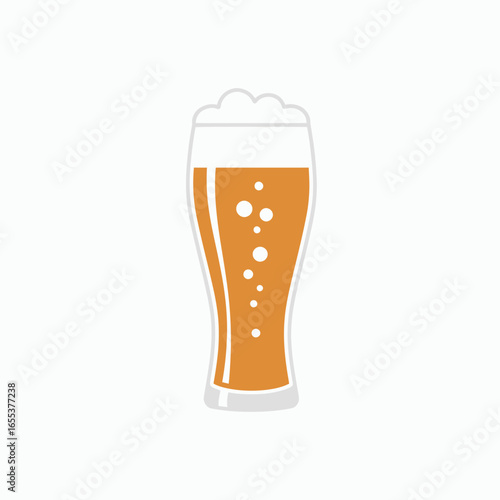 Stylized pilsner glass with amber beer white foam and white bubbles on a plain white background