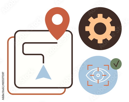 Map route and red location pin, gear for configuration, and targeted eye within crosshairs. Ideal for navigation, planning, setting, focus, vision analytics precision. Simple flat metaphor