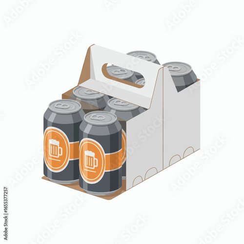 Isometric illustration of six grey and orange beer cans in a white cardboard sixpack carrier with a handle