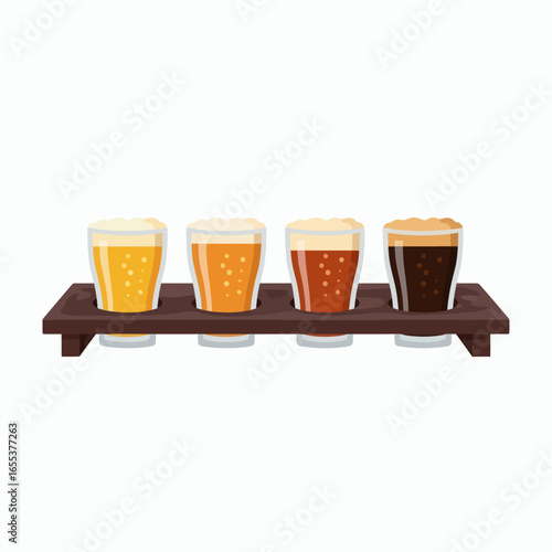 Four beer glasses on a dark wooden paddle showcasing a gradient of beer colors from pale yellow to deep brown