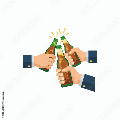 Three hands wearing dark suit sleeves clinking green beer bottles showing yellow cuff buttons with a white background