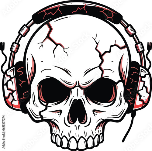 A stylized white skull with cracks and black eye sockets wearing red and black headphones with a visible cord.
