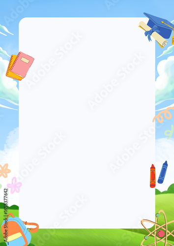 Back to school border with school supplies and sunny sky