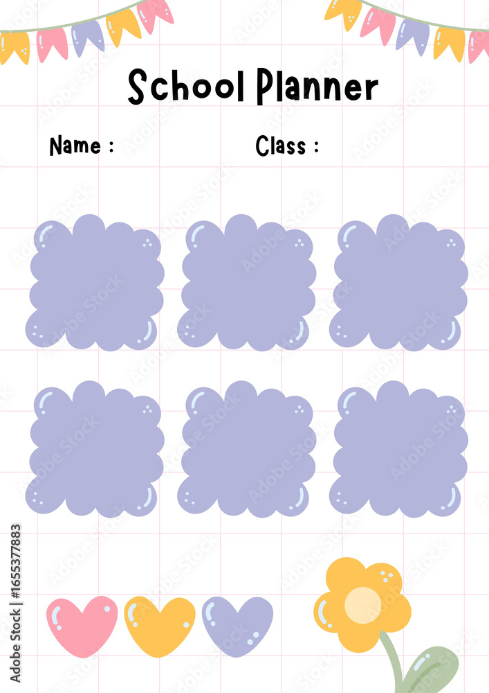 Fototapeta premium Cute school planner template with hearts and flower decoration