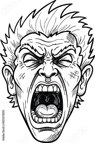 A black and white cartoon illustration of a man's face, screaming with his eyes closed and mouth wide open in anger.