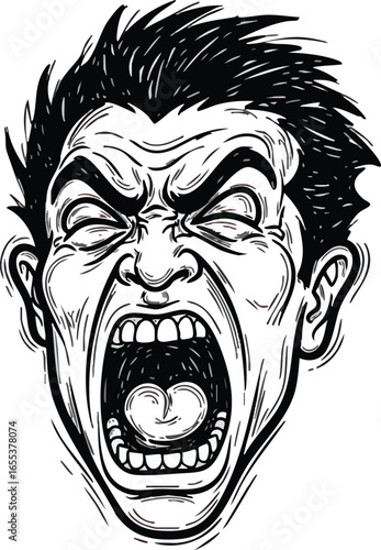 Illustration of a man's head with an angry expression, mouth wide open in a scream, and eyes closed in frustration.