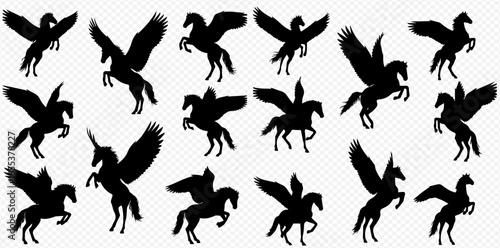 A collection of black silhouettes depicting mythical Pegasus and winged unicorns in various dynamic poses.