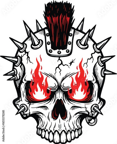 Illustration of a skull with a red mohawk, metal spikes, and fiery red eyes, set against a white background.