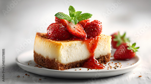 A gourmet slice of sweet strawberry cheesecake topped with fresh berries