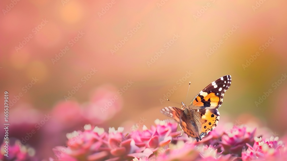 Obraz premium A beautiful butterfly rests on a cluster of pink flowers with a soft, blurred background