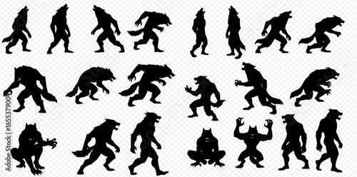 A collection of black werewolf silhouettes in various dynamic poses, including howling, running, walking, and crouching, on a transparent background.