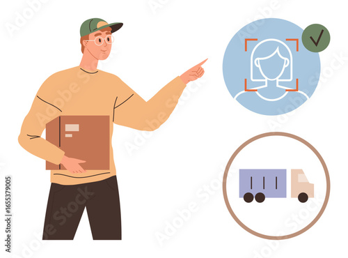 Young delivery worker with package pointing at facial recognition icon and a verified delivery truck. Ideal for logistics, shipping, delivery service, technology, efficiency, tracking, online