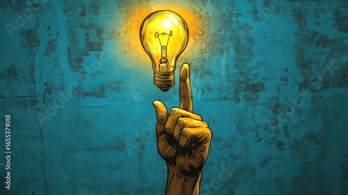 Hand pointing at a glowing light bulb against a textured wall.