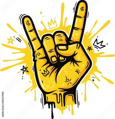 Illustration of a hand making the "rock on" gesture, with yellow shading, black outlines, and decorative elements like crowns and stars.