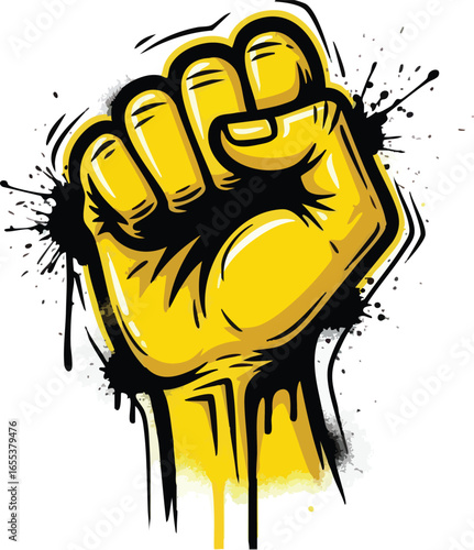 A stylized yellow fist raised in the air, surrounded by black ink splatters, symbolizing power and resistance.