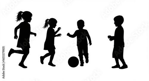 Silhouette illustration of children playing with a ball in an outdoor setting on a white background vreated with genrated ai