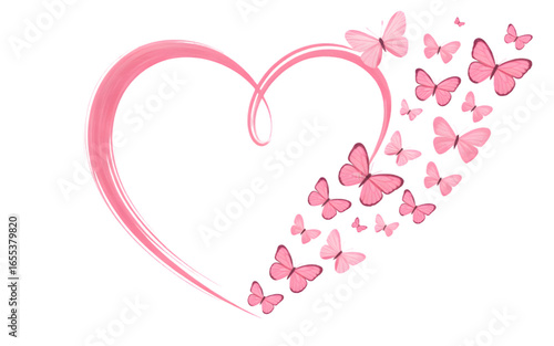 Elegant pink heart with butterflies symbolizes love, hope, and transformation, perfect for design.