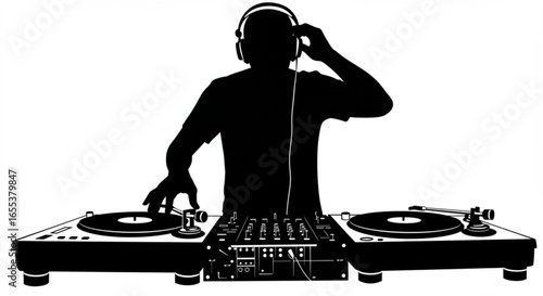 Silhouette of dj with headphones at turntables mixing music in a dark room with a white background vreated with genrated ai