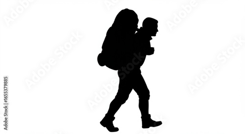 Silhouette of a man giving a piggyback ride to another person while walking forward on a plain background vreated with genrated ai