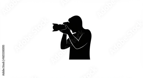 Silhouette of a photographer holding a camera and taking a picture in a white background studio setting vreated with genrated ai