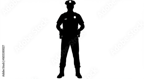 Silhouette of a police officer in uniform standing with hands on holsters against a white background vreated with genrated ai