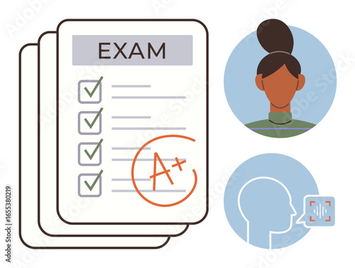 Exam checklist with A grade, student avatar, and voice recognition element. Ideal for education, testing, achievement, feedback, exams learning tools academic success. Clean flat metaphor