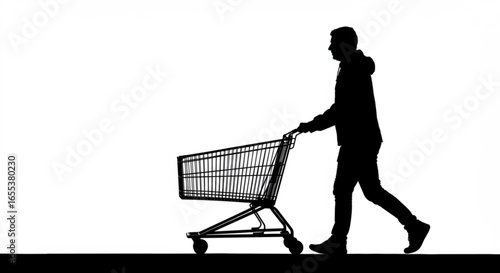 Silhouette of a person in a hoodie pushing an empty shopping cart in a retail environment space vreated with genrated ai