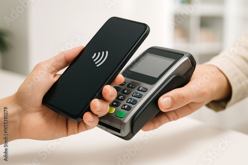 Wallpaper Mural Person using smartphone for contactless payment at a point of sale terminal nfc payment mobile payment Torontodigital.ca