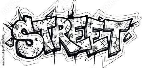 An urban street art illustration of the word STREET in a bold, black and white graffiti lettering style with drips and cracks.