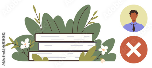 Three books against leafy greenery, white flowers, profile avatar, and red cross icon. Ideal for education, rejection, choice, nature self-learning assessment awareness. Simple flat metaphor