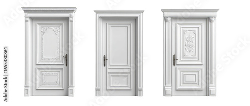 Three classic white doors with decorative trim