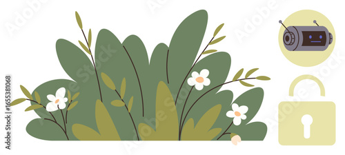 Green foliage with flowers, a cheerful robot head, and a padlock evoke digital security, sustainability, and protection. Ideal for nature tech, online safety, privacy, AI integration eco-security