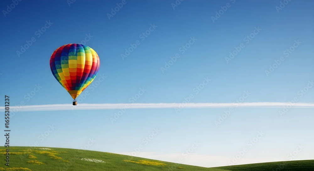 Obraz premium Vibrant Hot Air Balloon Soaring Gracefully Across a Vast Azure Sky Above Rolling Green Hills, Symbolizing Freedom, Adventure, and the Beauty of Open Landscapes.
