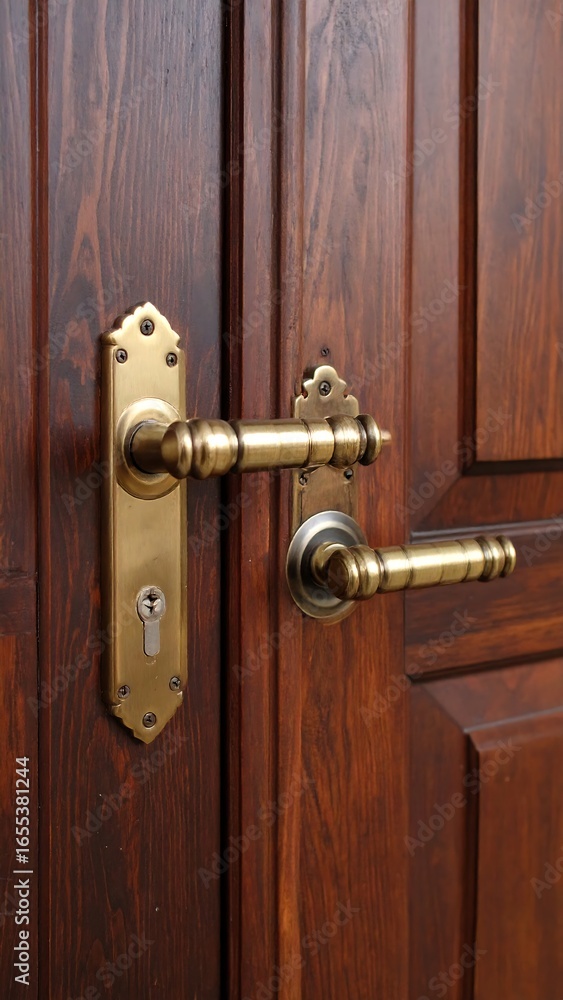 Fototapeta premium Wooden door with ornate brass handles