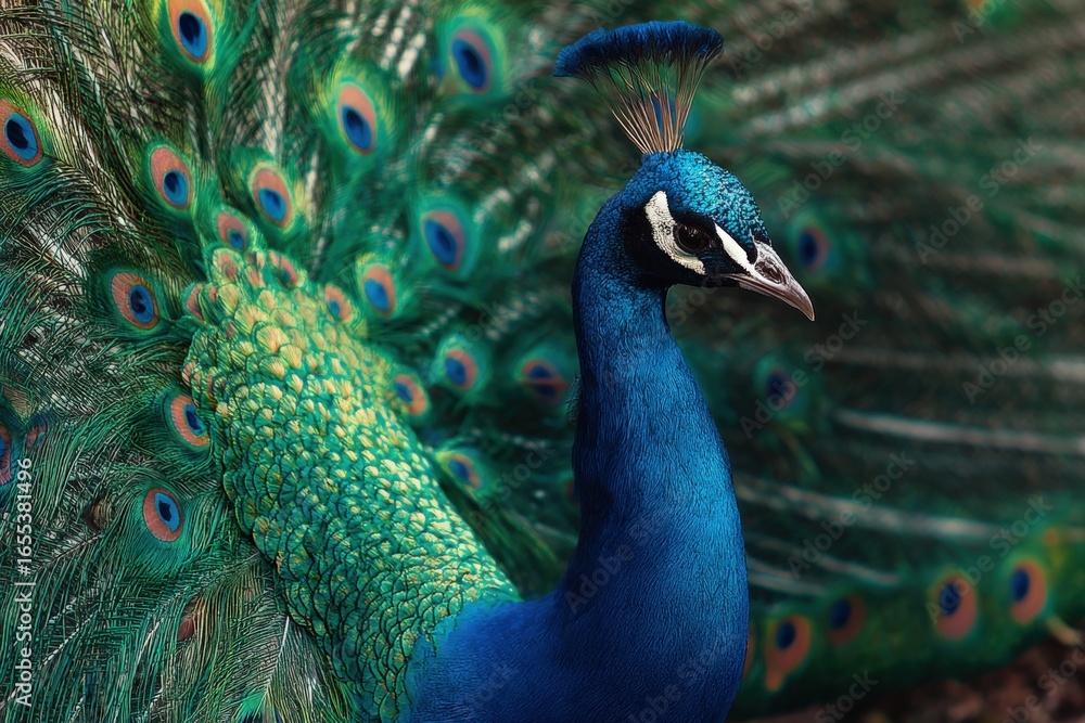 Obraz premium Elegant Peacock Displaying Feathers: Vibrant Plumage and Intricate Details for Wildlife and Nature Photography