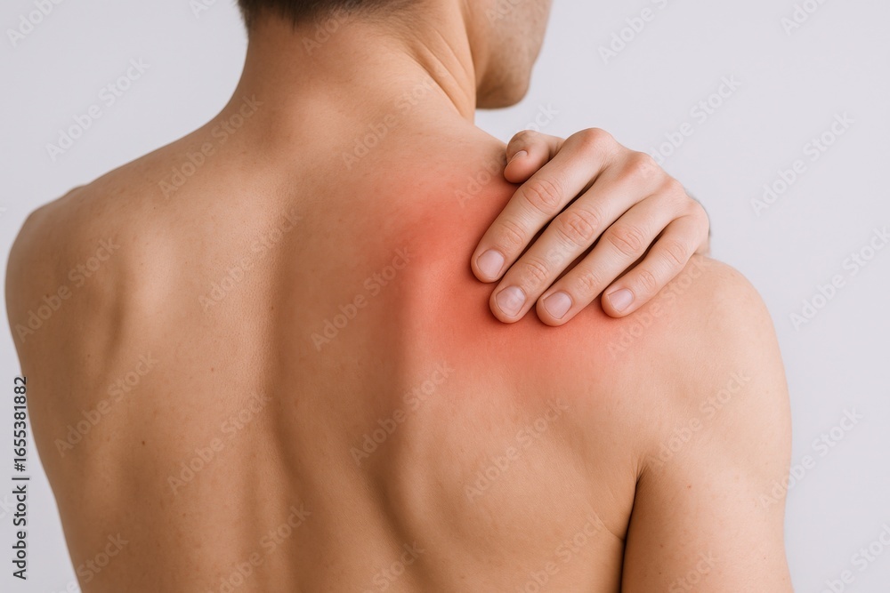 Fototapeta premium Man experiencing shoulder pain, muscular discomfort, highlighted in red, showcasing health and wellness challenges