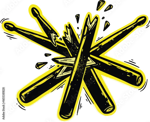 A dynamic graphic illustration of crossed black drumsticks with a bright yellow outline, one dramatically broken and shattering.