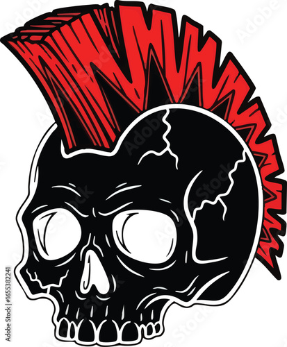 Stylized black skull illustration featuring a bold, spiky red mohawk haircut, representing rebellion.