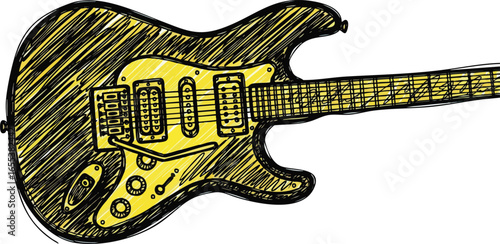 Hand-drawn electric guitar illustration featuring a vibrant yellow and black scribble texture on a clean white background.