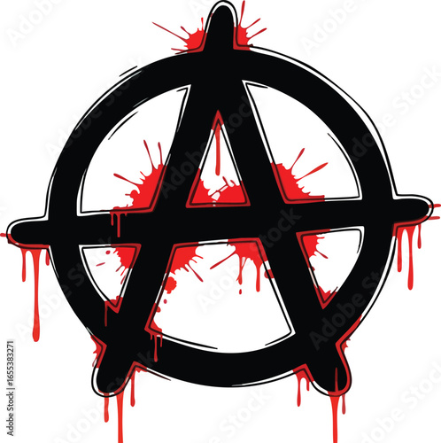 Anarchy symbol, a circled A, dripping with red paint splatters, suggesting violence or rebellion.